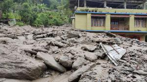 A village in Dzongu in North Sikkim hit by landslides. Five major landslides took place between Dikchu to Chungthang on Saturday.(HT PHOTO.) A village in Dzongu in North Sikkim hit by landslides. Five major landslides took place between Dikchu to Chungthang on Saturday.(HT PHOTO.)
