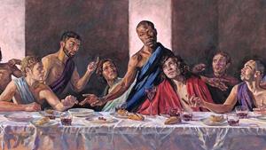 Painted by Lorna May Wadsworth and dubbed A Last Supper, casts Jamaican-born model Tafari Hinds as the son of God.(@enjoy_st_albans/Instagram) Painted by Lorna May Wadsworth and dubbed A Last Supper, casts Jamaican-born model Tafari Hinds as the son of God.(@enjoy_st_albans/Instagram)
