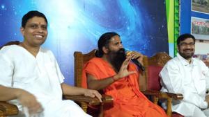 Baba Ramdev and Acharya Balkrishna addressing press conference in Haridwar on Wednesday.(HT PHOTO.) Baba Ramdev and Acharya Balkrishna addressing press conference in Haridwar on Wednesday.(HT PHOTO.)