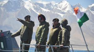 Lt Gen YK Joshi, GOC Ladakh 14 Corps, along with then Northern Army commander Lt Gen Ranbir Singh on a boat patrol in Ladakh’s Pangong Tso lake in September 2019(Indian Army) Lt Gen YK Joshi, GOC Ladakh 14 Corps, along with then Northern Army commander Lt Gen Ranbir Singh on a boat patrol in Ladakh’s Pangong Tso lake in September 2019(Indian Army)