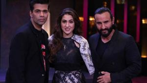 Saif Ali Khan and his daughter Sara pose with Karan Johar. Saif Ali Khan and his daughter Sara pose with Karan Johar.