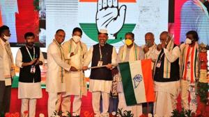Addressing party workers as their state president for the first time, DK Shivakumar said: “Joining together is the beginning, thinking together is progress, working together is success.” (Photo @INCKarnataka) Addressing party workers as their state president for the first time, DK Shivakumar said: “Joining together is the beginning, thinking together is progress, working together is success.” (Photo @INCKarnataka)
