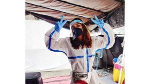 Stylist Aastha Sharma in a PPE kit(Instagram) Stylist Aastha Sharma in a PPE kit(Instagram)