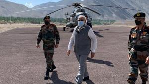 Chief of Defence Staff General Bipin Rawat and Army chief General MM Naravane with Prime Minister Narendra Modi in Leh on Friday.(ANI Photo) Chief of Defence Staff General Bipin Rawat and Army chief General MM Naravane with Prime Minister Narendra Modi in Leh on Friday.(ANI Photo)