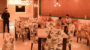 Customers at Bistro Flamme Bois, Pakhowal Road, in Ludhiana on Thursday night.(Harsimar Pal Singh/HT) Customers at Bistro Flamme Bois, Pakhowal Road, in Ludhiana on Thursday night.(Harsimar Pal Singh/HT)