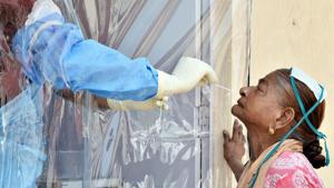 A health worker collects swab sample for the COVID-19 test at city dispensary No 4, in Bikaner.(ANI) A health worker collects swab sample for the COVID-19 test at city dispensary No 4, in Bikaner.(ANI)