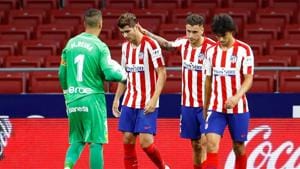 Soccer Football - La Liga Santander - Atletico Madrid v Real Mallorca - Wanda Metropolitano, Madrid, Spain - July 3, 2020 Atletico Madrid's Alvaro Morata celebrates scoring their first goal with teammates.(REUTERS) Soccer Football - La Liga Santander - Atletico Madrid v Real Mallorca - Wanda Metropolitano, Madrid, Spain - July 3, 2020 Atletico Madrid's Alvaro Morata celebrates scoring their first goal with teammates.(REUTERS)