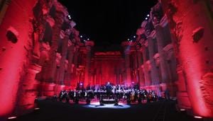 Baalbek: Musicians from the Lebanese Philharmonic Orchestra perform during a concert in the ancient northeastern city of Baalbek, Lebanon, Sunday, July 5, 2020.(AP) Baalbek: Musicians from the Lebanese Philharmonic Orchestra perform during a concert in the ancient northeastern city of Baalbek, Lebanon, Sunday, July 5, 2020.(AP)
