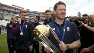 England's Eoin Morgan with the Trophy during celebrations marking their Cricket World Cup victory on Sunday over New Zealand, during at the Oval cricket ground in London Monday July 15, 2019.(AP) England's Eoin Morgan with the Trophy during celebrations marking their Cricket World Cup victory on Sunday over New Zealand, during at the Oval cricket ground in London Monday July 15, 2019.(AP)
