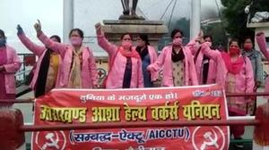 ASHA workers from Nainital recently staged a protest supporting workers from Champawat district. (HT photo) ASHA workers from Nainital recently staged a protest supporting workers from Champawat district. (HT photo)