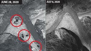 Satellite images from June 28 and July 6 released on Tuesday by Maxar, a US-based satellite imagery company, show the Chinese expansion at the Galwan Valley in eastern Ladakh has been removed as part of the disengagement procedure.(maxar/AP Photo) Satellite images from June 28 and July 6 released on Tuesday by Maxar, a US-based satellite imagery company, show the Chinese expansion at the Galwan Valley in eastern Ladakh has been removed as part of the disengagement procedure.(maxar/AP Photo)
