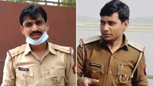 Former Station Officer of Chaubepur, Vinay Tiwari (left and Sub Inspector K K Sharma (right ) have been arrested for allegedly tipping off gangster Vikas Dubey about a police raid(ANI) Former Station Officer of Chaubepur, Vinay Tiwari (left and Sub Inspector K K Sharma (right ) have been arrested for allegedly tipping off gangster Vikas Dubey about a police raid(ANI)