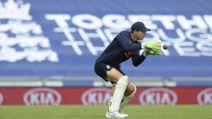 England wicketkeeper Jos Buttler during a nets session at the Ageas Bowl in Southampton, England, Tuesday July 7, 2020. England are scheduled to play West Indies in their first Test match on July 8-12. (Stu Forster/Agency Pool)(AP) England wicketkeeper Jos Buttler during a nets session at the Ageas Bowl in Southampton, England, Tuesday July 7, 2020. England are scheduled to play West Indies in their first Test match on July 8-12. (Stu Forster/Agency Pool)(AP)