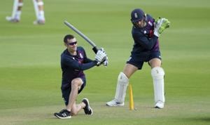 England wicketkeeper Jos Buttler, right, takes part in a drill with coach Chris Read during a nets session at the Ageas Bowl in Southampton, England, Tuesday July 7, 2020. England are scheduled to play West Indies in their first Test match on July 8-12. (Stu Forster/Agency Pool)(AP) England wicketkeeper Jos Buttler, right, takes part in a drill with coach Chris Read during a nets session at the Ageas Bowl in Southampton, England, Tuesday July 7, 2020. England are scheduled to play West Indies in their first Test match on July 8-12. (Stu Forster/Agency Pool)(AP)