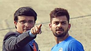 Sourav Ganguly with Virat Kohli during Indian team's practice session at the Eden Gardens in Kolkata on Friday.(PTI) Sourav Ganguly with Virat Kohli during Indian team's practice session at the Eden Gardens in Kolkata on Friday.(PTI)