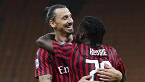 AC Milan's Franck Kessie, right, celebrates with Zlatan Ibrahimovic after scoring his side's 2nd goal.(AP) AC Milan's Franck Kessie, right, celebrates with Zlatan Ibrahimovic after scoring his side's 2nd goal.(AP)