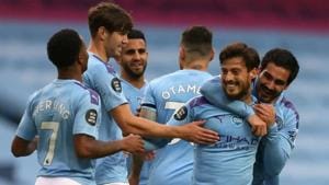 David Silva of Manchester City (second right) celebrates after he scores his side’s fourth goal.(Getty Images) David Silva of Manchester City (second right) celebrates after he scores his side’s fourth goal.(Getty Images)