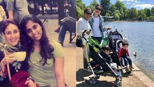 Kareena Kapoor with her friend (left) and the two posing with their kids (right). Kareena Kapoor with her friend (left) and the two posing with their kids (right).
