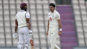 England's James Anderson, right, reacts after dismissing West Indies' John Campbell, left, during the second day of the first cricket Test match between England and West Indies, at the Ageas Bowl in Southampton, England, Thursday, July 9, 2020.(AP) England's James Anderson, right, reacts after dismissing West Indies' John Campbell, left, during the second day of the first cricket Test match between England and West Indies, at the Ageas Bowl in Southampton, England, Thursday, July 9, 2020.(AP)