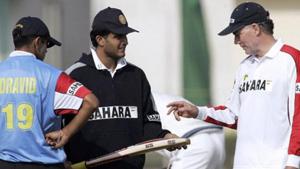 File image of Sourav Ganguly in discussion with former India coach Greg Chappell and Rahul Dravid.(AFP) File image of Sourav Ganguly in discussion with former India coach Greg Chappell and Rahul Dravid.(AFP)