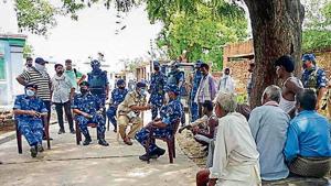 Security forces in Vikas Dubey’s Bikru village on Saturday. Security forces in Vikas Dubey’s Bikru village on Saturday.