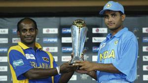 Sourav Ganguly and Sanath Jayasuriya with the 2002 Champions Trophy after India and Sri Lanka were declared joint winners.(Getty Images) Sourav Ganguly and Sanath Jayasuriya with the 2002 Champions Trophy after India and Sri Lanka were declared joint winners.(Getty Images)