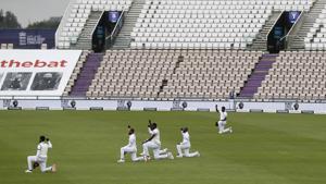 West Indies' players take a knee in support of the Black Lives Matter movement before the start of the first day of the 1st cricket Test match between England and West Indies, at the Ageas Bowl in Southampton, England, Wednesday July 8, 2020. (Adrian Dennis/Pool via AP)(AP) West Indies' players take a knee in support of the Black Lives Matter movement before the start of the first day of the 1st cricket Test match between England and West Indies, at the Ageas Bowl in Southampton, England, Wednesday July 8, 2020. (Adrian Dennis/Pool via AP)(AP)