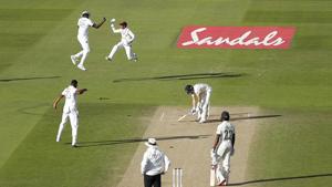 West Indies players celebrates the dismissal of England's Dom Bess, second right, during the fourth day of the first cricket Test match between England and West Indies, at the Ageas Bowl in Southampton, England, Saturday, July 11, 2020. (Adrian Dennis/Pool via AP)(AP) West Indies players celebrates the dismissal of England's Dom Bess, second right, during the fourth day of the first cricket Test match between England and West Indies, at the Ageas Bowl in Southampton, England, Saturday, July 11, 2020. (Adrian Dennis/Pool via AP)(AP)