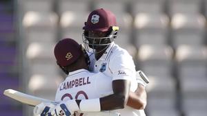 Southampton : West Indies captain Jason Holder, right, hugs teammate John Campbell after their win on the fifth day of the first cricket Test match between England and West Indies, at the Ageas Bowl in Southampton, England, Sunday, July 12, 2020. AP/PTI(AP12-07-2020_000274A)(AP) Southampton : West Indies captain Jason Holder, right, hugs teammate John Campbell after their win on the fifth day of the first cricket Test match between England and West Indies, at the Ageas Bowl in Southampton, England, Sunday, July 12, 2020. AP/PTI(AP12-07-2020_000274A)(AP)