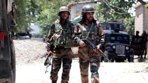 Army soldiers stand near encounter site in Sirhama Anantnag district south Kashmir on Monday. Two Jaish e Mohammad terrorists were killed in an encounter in South Kashmir.(ANI Photo) Army soldiers stand near encounter site in Sirhama Anantnag district south Kashmir on Monday. Two Jaish e Mohammad terrorists were killed in an encounter in South Kashmir.(ANI Photo)