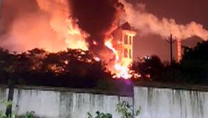 Flames and Smoke billows come out as fire broke out at Ramky CETP Solvents Pvt. Ltd Company in Visakhapatnam on Monday.(ANI Photo) Flames and Smoke billows come out as fire broke out at Ramky CETP Solvents Pvt. Ltd Company in Visakhapatnam on Monday.(ANI Photo)