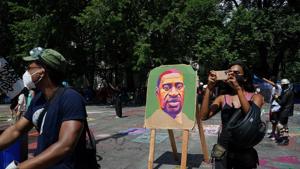 An image of George Floyd is pictured in "City Hall Autonomous Zone" in support of "Black Lives Matter" in the Manhattan Borough of New York City.(REUTERS) An image of George Floyd is pictured in "City Hall Autonomous Zone" in support of "Black Lives Matter" in the Manhattan Borough of New York City.(REUTERS)