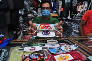Designer masks on display at a shop in Sadar bazaar in Sector 19, Chandigarh.(Ravi Kumar/HT) Designer masks on display at a shop in Sadar bazaar in Sector 19, Chandigarh.(Ravi Kumar/HT)