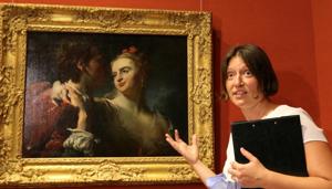 Kateryna Chuyeva, Director General of the Bohdan and Varvara Khanenko National Museum of Arts speaks next to the painting "An Amorous Couple" by Pierre Louis Goudreaux at the museum in Kyiv, Ukraine July 14, 2020. The artwork was stolen from the museum during the WWII, then discovered in the U.S. and returned to Ukraine earlier this year. (REUTERS) Kateryna Chuyeva, Director General of the Bohdan and Varvara Khanenko National Museum of Arts speaks next to the painting "An Amorous Couple" by Pierre Louis Goudreaux at the museum in Kyiv, Ukraine July 14, 2020. The artwork was stolen from the museum during the WWII, then discovered in the U.S. and returned to Ukraine earlier this year. (REUTERS)