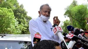 Rajasthan chief minister Ashok Gehlot addressing the media after meeting with State Governor at his residence in Jaipur on Tuesday.(ANI File Photo) Rajasthan chief minister Ashok Gehlot addressing the media after meeting with State Governor at his residence in Jaipur on Tuesday.(ANI File Photo)