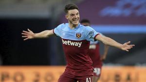 West Ham United's Declan Rice celebrates scoring his side's third goal of the game during an English Premier League soccer match against Watford at the London Stadium.(AP) West Ham United's Declan Rice celebrates scoring his side's third goal of the game during an English Premier League soccer match against Watford at the London Stadium.(AP)