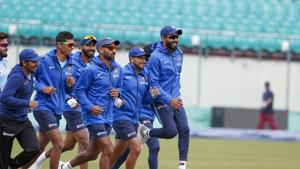 India's Ravindra Jadeja, right, jumps up as he runs with teammates during a practice session in Dharmsala.(AP) India's Ravindra Jadeja, right, jumps up as he runs with teammates during a practice session in Dharmsala.(AP)