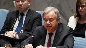 Secretary General of the United Nations Antonio Guterres speaks during a Security Council meeting about the situation in Syria at UN Headquarters in the Manhattan borough of New York City.(REUTERS) Secretary General of the United Nations Antonio Guterres speaks during a Security Council meeting about the situation in Syria at UN Headquarters in the Manhattan borough of New York City.(REUTERS)