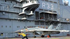Indian navy MiG-29 K lines up on INS Vikramaditya deck Indian navy MiG-29 K lines up on INS Vikramaditya deck