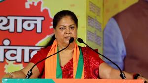 BJP leader and former Rajasthan chief minister Vasundhara Raje addresses the 'Rajasthan Jan Samvad' rally via video conferencing, in Jaipur.(PTI) BJP leader and former Rajasthan chief minister Vasundhara Raje addresses the 'Rajasthan Jan Samvad' rally via video conferencing, in Jaipur.(PTI)