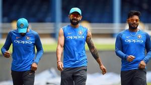 Ravindra Jadeja, Virat Kohli and Rishabh Pant during a training session.(Getty Images) Ravindra Jadeja, Virat Kohli and Rishabh Pant during a training session.(Getty Images)
