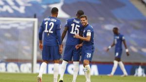 Chelsea's Cesar Azpilicueta, Kurt Zouma and Ruben Loftus-Cheek celebrate after the English FA Cup semifinal soccer match between Chelsea and Manchester United at Wembley Stadium in London, England, Sunday, July 19, 2020. Chelsea won the match 3-1.(AP) Chelsea's Cesar Azpilicueta, Kurt Zouma and Ruben Loftus-Cheek celebrate after the English FA Cup semifinal soccer match between Chelsea and Manchester United at Wembley Stadium in London, England, Sunday, July 19, 2020. Chelsea won the match 3-1.(AP)
