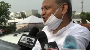 Rajasthan chief minister Ashok Gehlot speaks to media outside Hotel Fairmont in Jaipur on Sunday. (ANI Photo)(ANI)