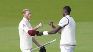 West Indies' captain Jason Holder, right, greets England's Ben Stokes.(AP) West Indies' captain Jason Holder, right, greets England's Ben Stokes.(AP)