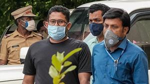 Sandee Nair (left), an accused in Kerala gold smuggling case, being taken by police after a hearing at a special court, in Kochi, on July 13.(PTI Photo) Sandee Nair (left), an accused in Kerala gold smuggling case, being taken by police after a hearing at a special court, in Kochi, on July 13.(PTI Photo)
