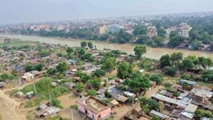 An aerial view of flooded Bind Toli area along the banks of River Ganga following heavy rain, in Patna on Saturday.(ANI) An aerial view of flooded Bind Toli area along the banks of River Ganga following heavy rain, in Patna on Saturday.(ANI)