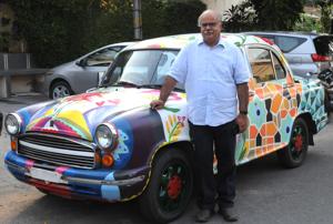 Advocate Ranjit Malhotra with his Ambassador car .(HT Photo) Advocate Ranjit Malhotra with his Ambassador car .(HT Photo)