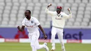 Manchester: West Indies' Kemar Roach, left, celebrates(AP) Manchester: West Indies' Kemar Roach, left, celebrates(AP)