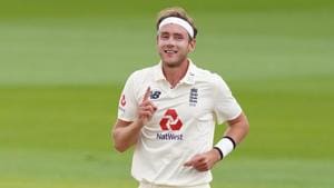 England's Stuart Broad celebrates the wicket of West Indies' Roston Chase.(REUTERS) England's Stuart Broad celebrates the wicket of West Indies' Roston Chase.(REUTERS)