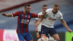 Crystal Palace's James McArthur, left, fights for the ball with Tottenham's Harry Kane during the English Premier League soccer match between Crystal Palace and Tottenham at the Selhurst Park stadium in London, Sunday, July 26, 2020.(AP) Crystal Palace's James McArthur, left, fights for the ball with Tottenham's Harry Kane during the English Premier League soccer match between Crystal Palace and Tottenham at the Selhurst Park stadium in London, Sunday, July 26, 2020.(AP)